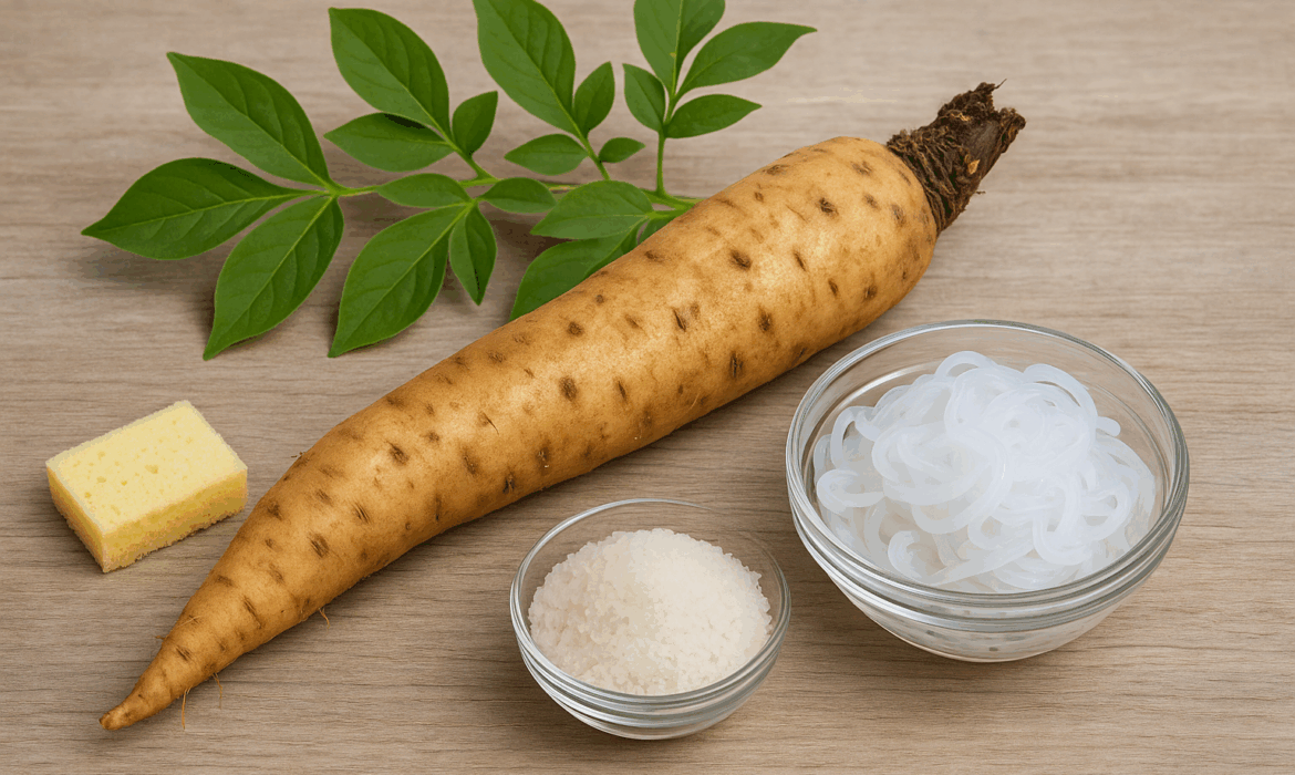 Konjac root, the source of glucomannan fiber, along with shirataki noodles