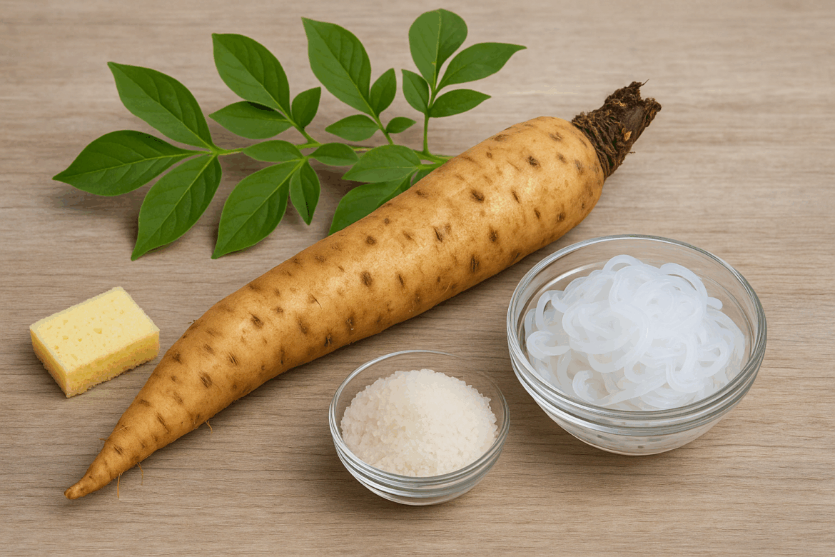 Konjac root, the source of glucomannan fiber, along with shirataki noodles