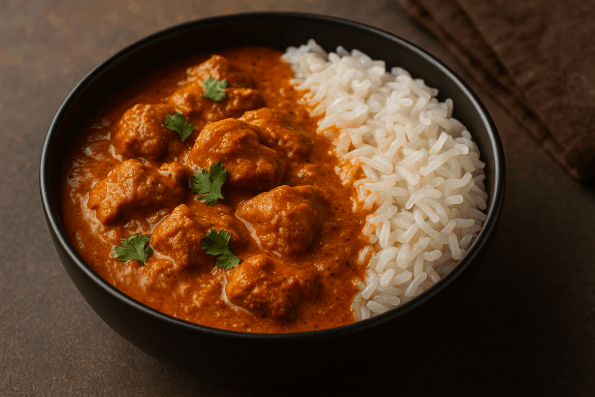 Shirataki rice served with Indian Paneer Butter Masala in a black bowl